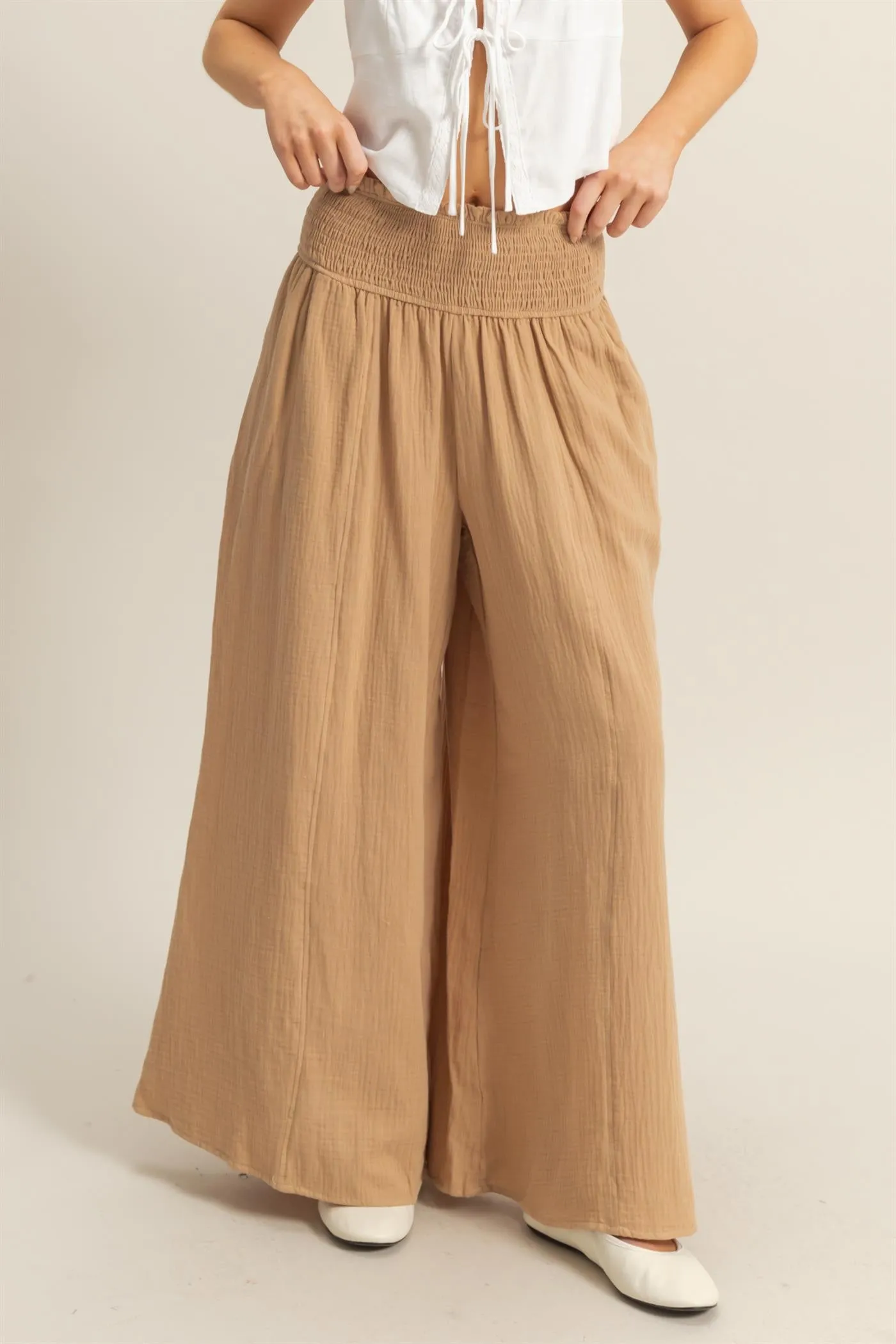 HF25C834-Double Gauze Smocked Waist Wide Leg Pants