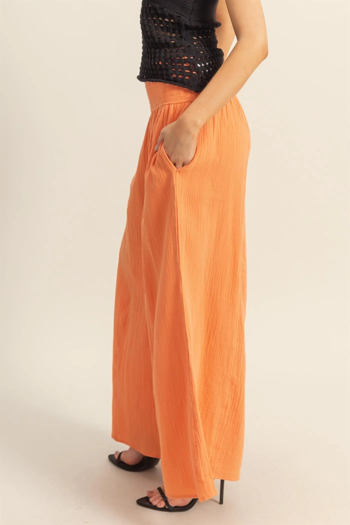 HF25C834-Double Gauze Smocked Waist Wide Leg Pants