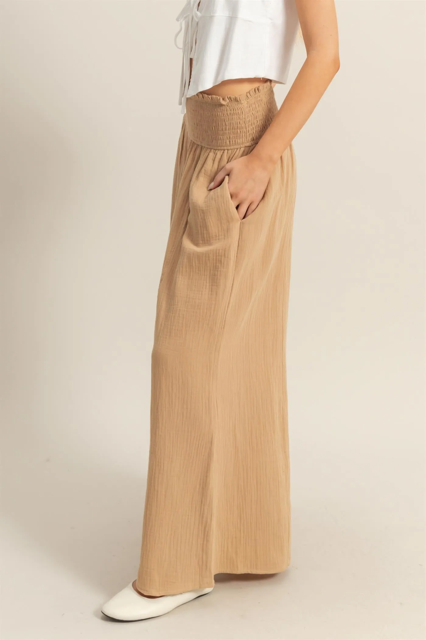 HF25C834-Double Gauze Smocked Waist Wide Leg Pants