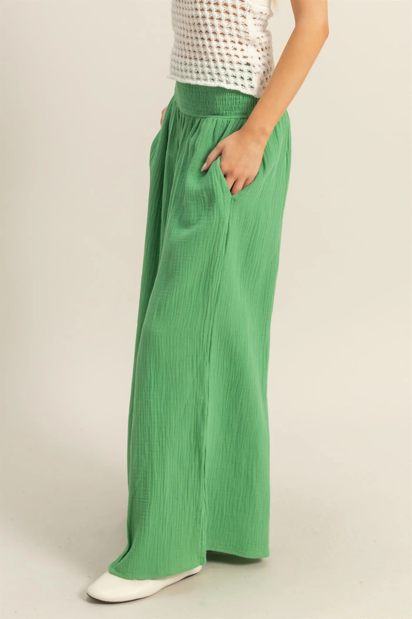 HF25C834-Double Gauze Smocked Waist Wide Leg Pants