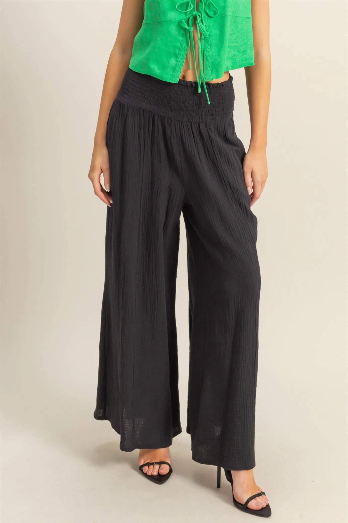 HF25C834-Double Gauze Smocked Waist Wide Leg Pants