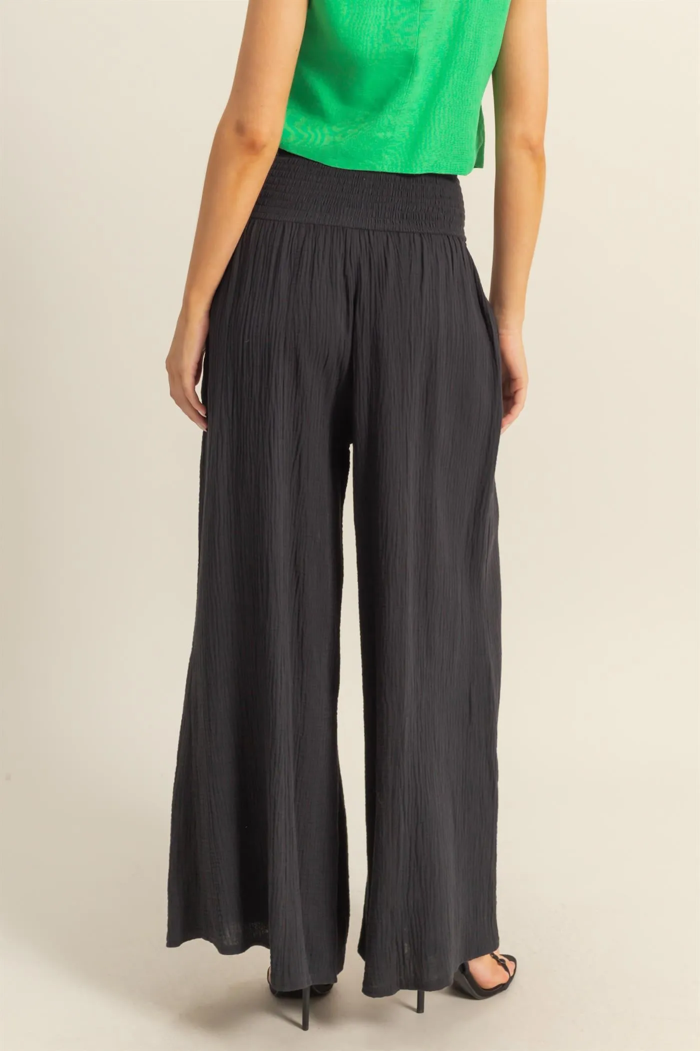 HF25C834-Double Gauze Smocked Waist Wide Leg Pants