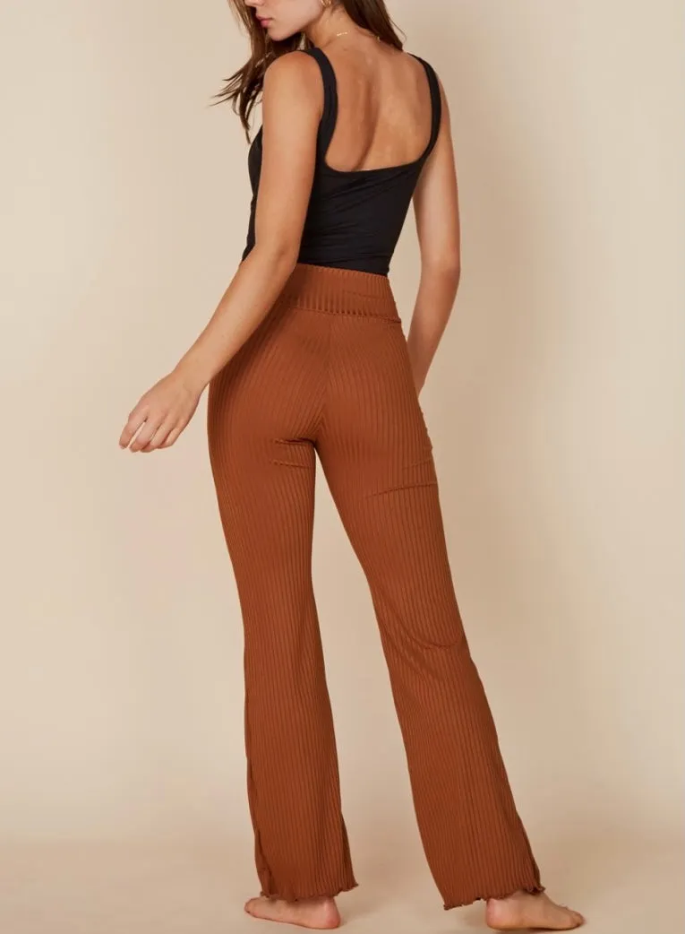 High Waist Band Rib Lettuce Hem Flare Pants