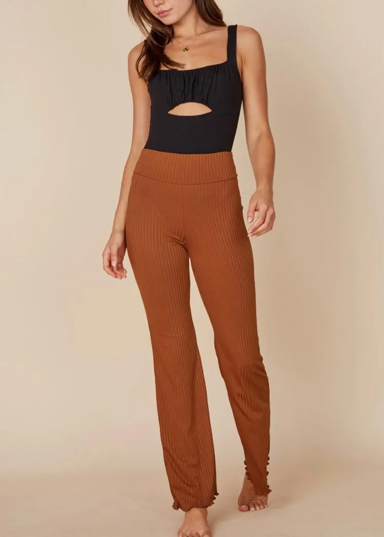High Waist Band Rib Lettuce Hem Flare Pants