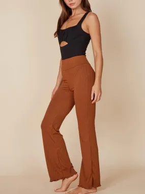 High Waist Band Rib Lettuce Hem Flare Pants