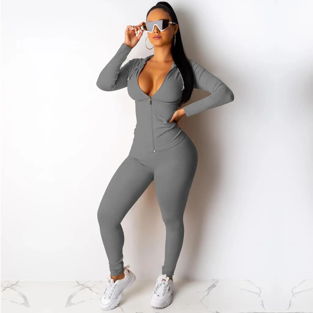 Hoodie Zipper Skinny Bodycon Long Sleeve Blouse Pants Sets