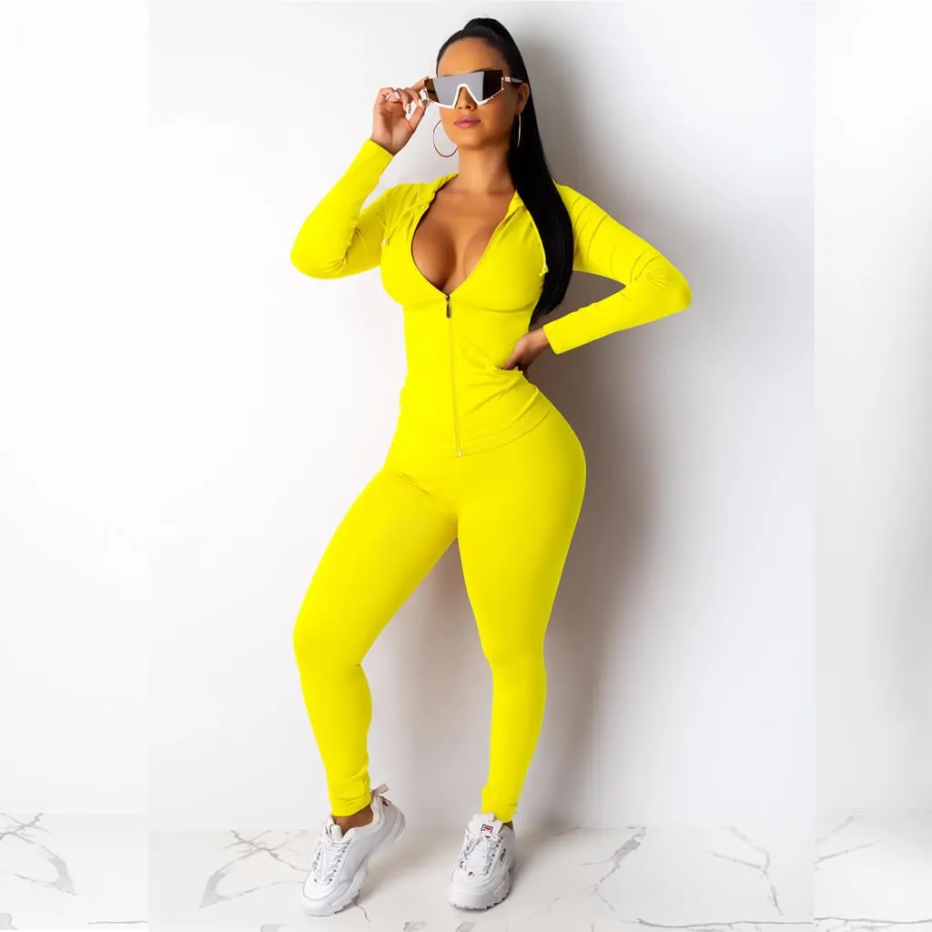 Hoodie Zipper Skinny Bodycon Long Sleeve Blouse Pants Sets