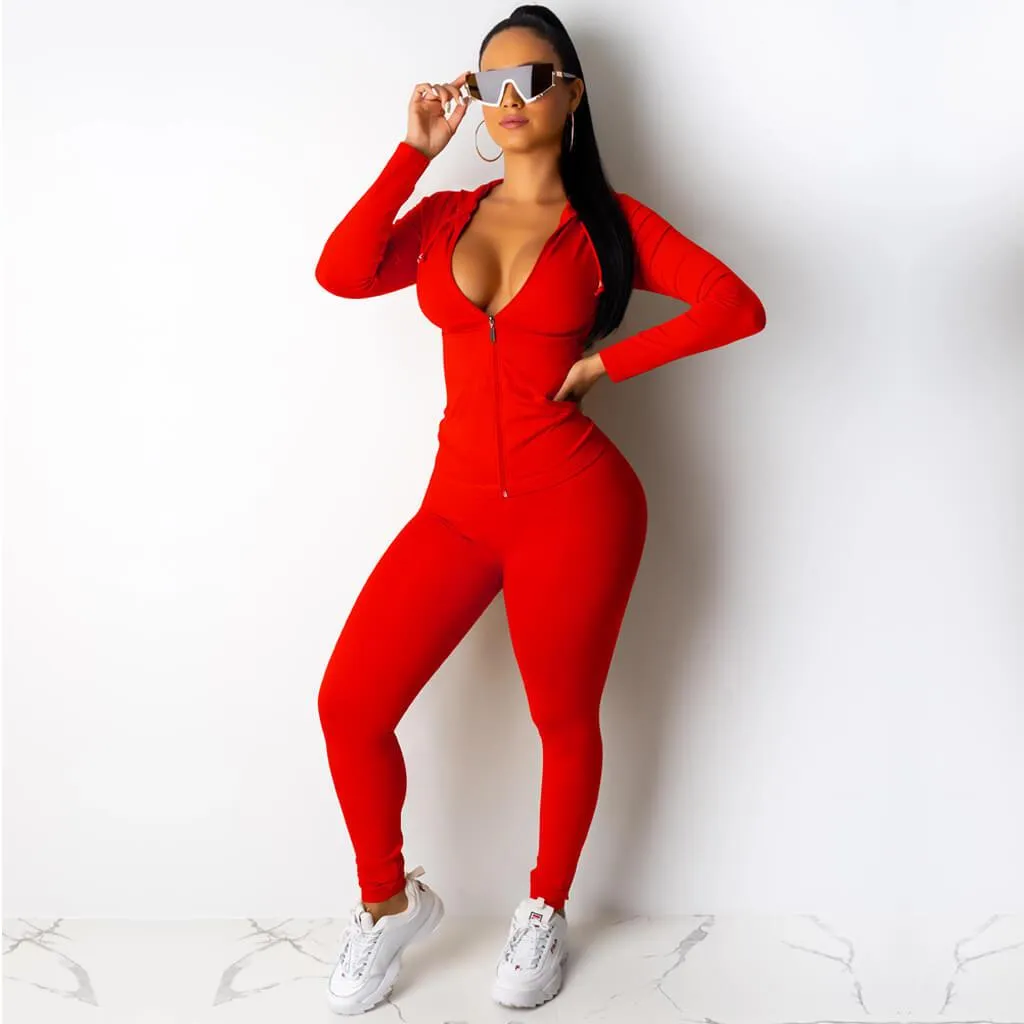 Hoodie Zipper Skinny Bodycon Long Sleeve Blouse Pants Sets