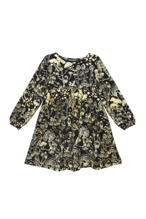 Kid's Gold on Black Shroom Long Sleeve Babydoll Dress in 6T