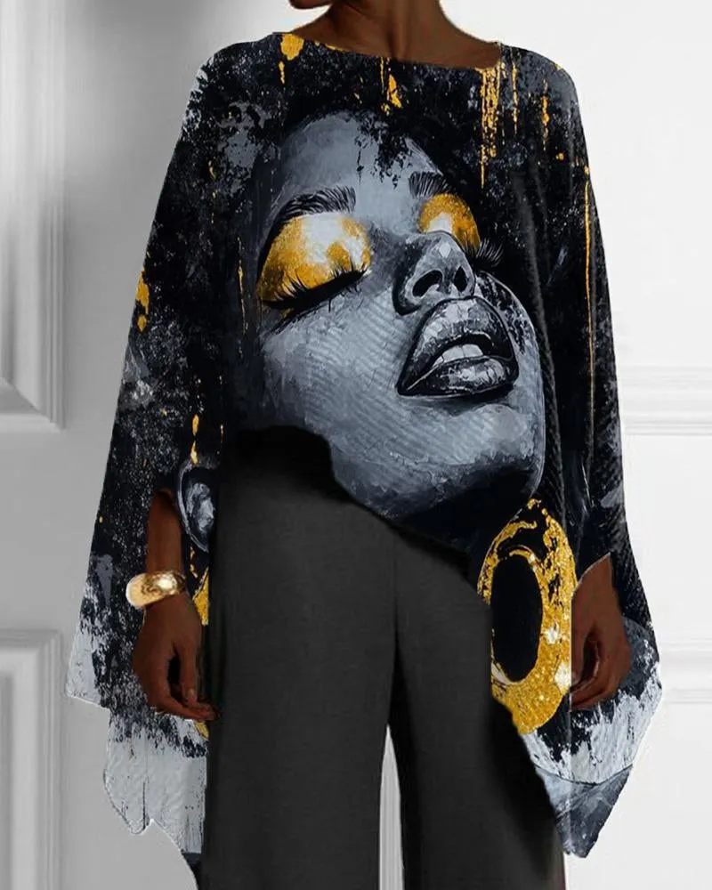 Ladies Art Black Girl Print Bat Sleeve Top with Irregular Hem
