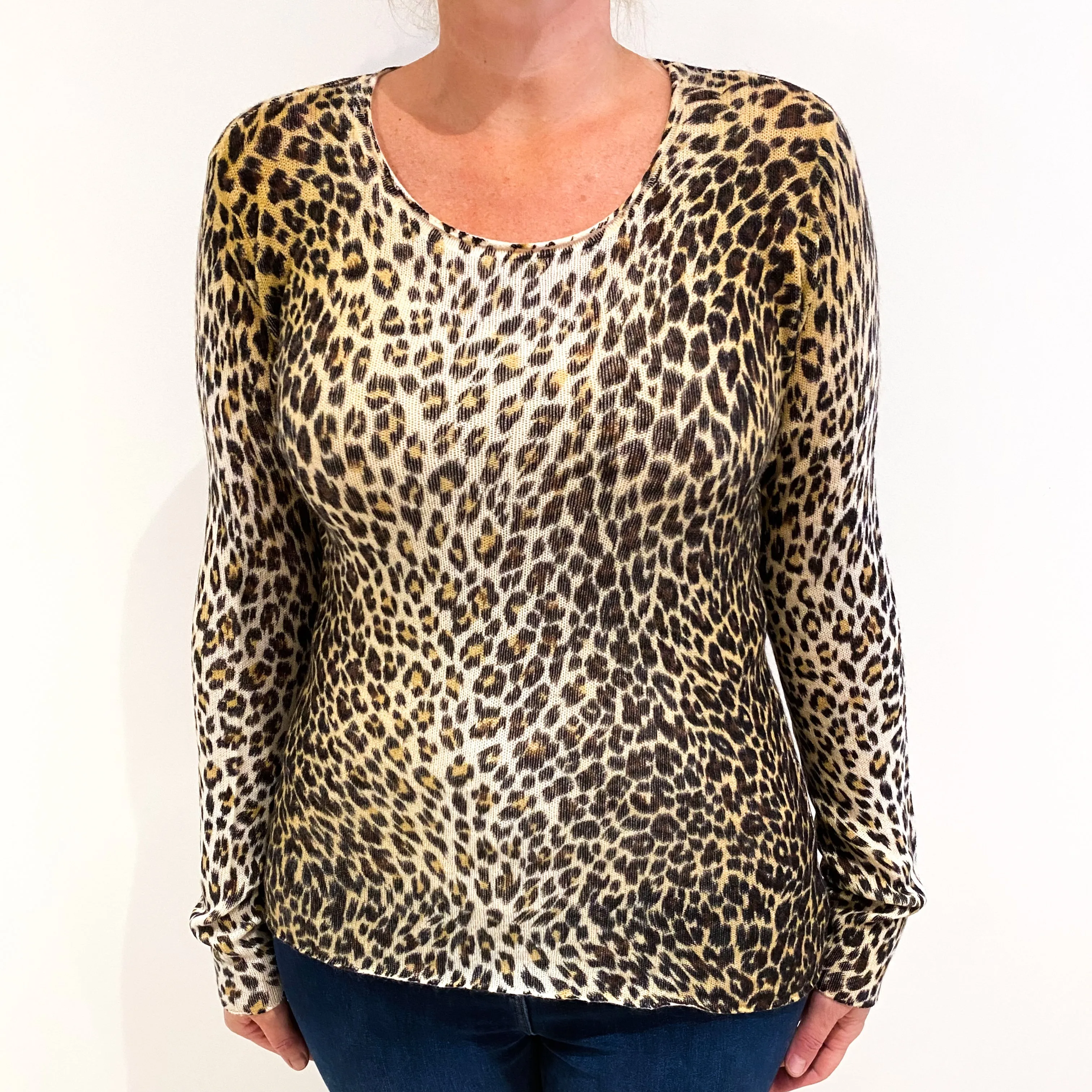 Leopard Print Lightweight Cashmere Crew Neck Jumper Large
