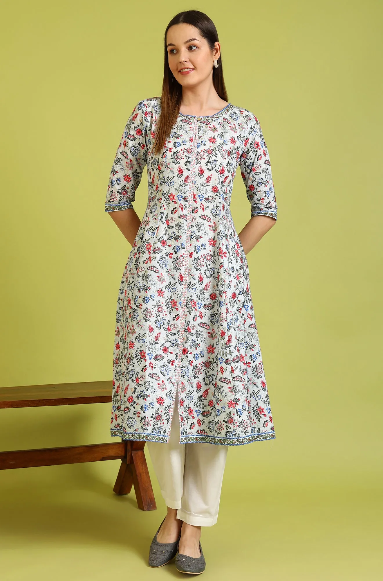 Light Blue Glitter Floral Printed Pure Cotton Flared Kurta