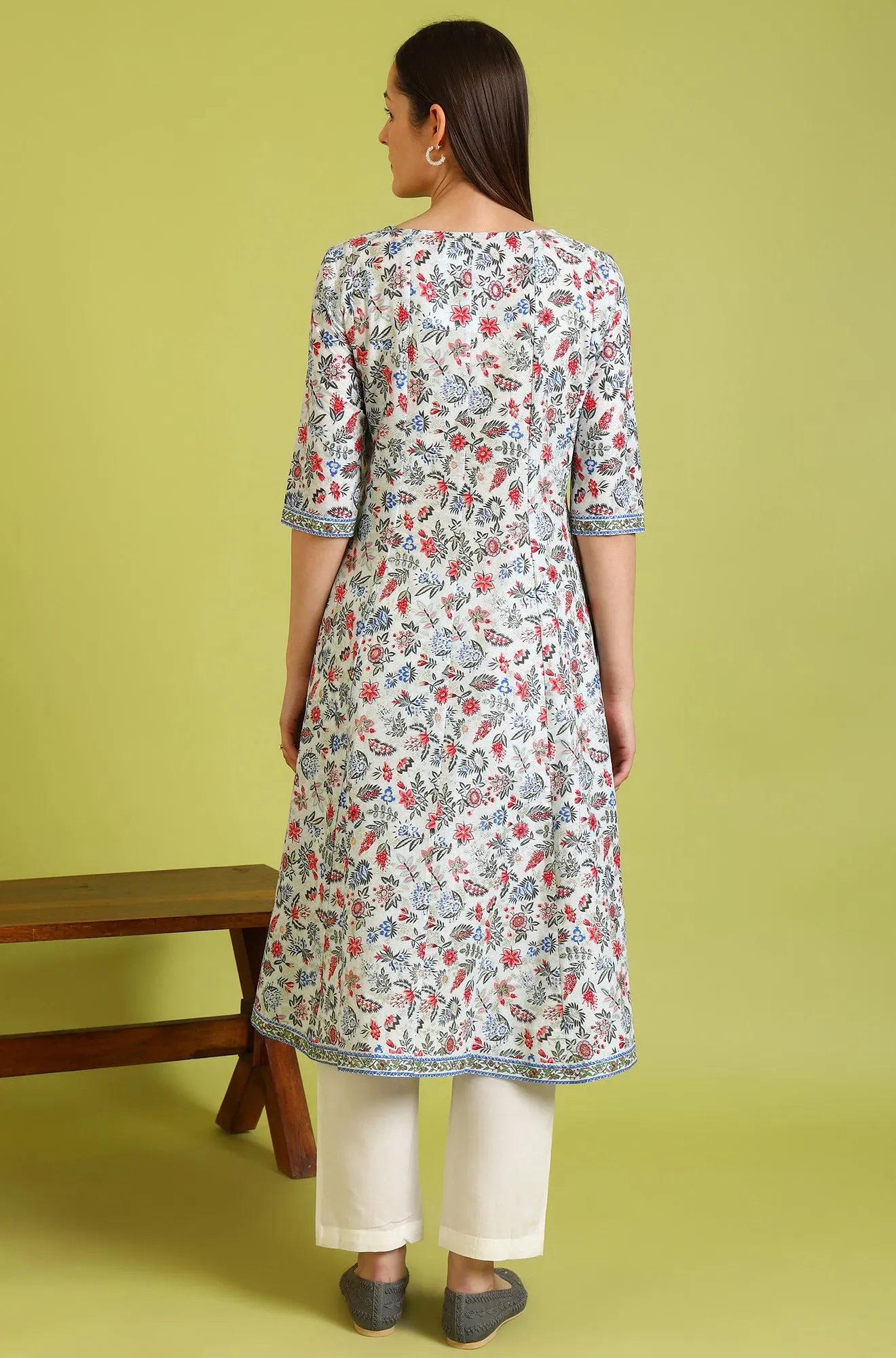 Light Blue Glitter Floral Printed Pure Cotton Flared Kurta