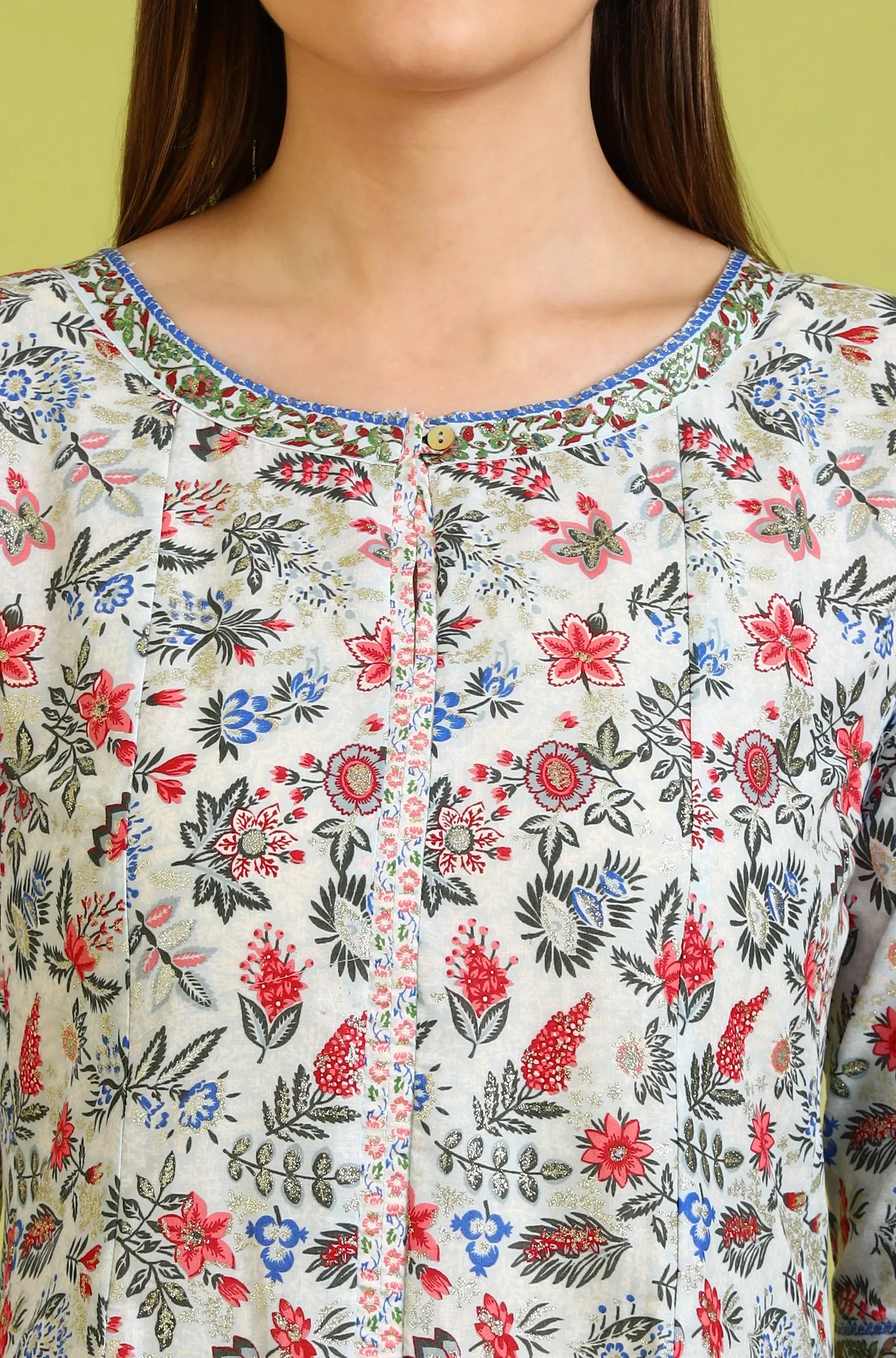 Light Blue Glitter Floral Printed Pure Cotton Flared Kurta