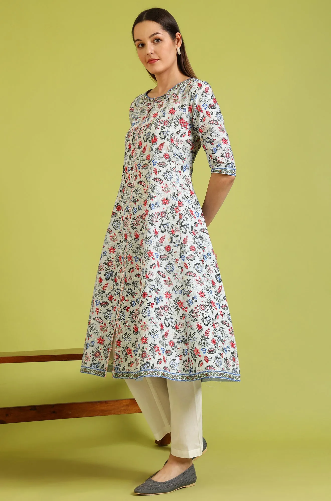 Light Blue Glitter Floral Printed Pure Cotton Flared Kurta