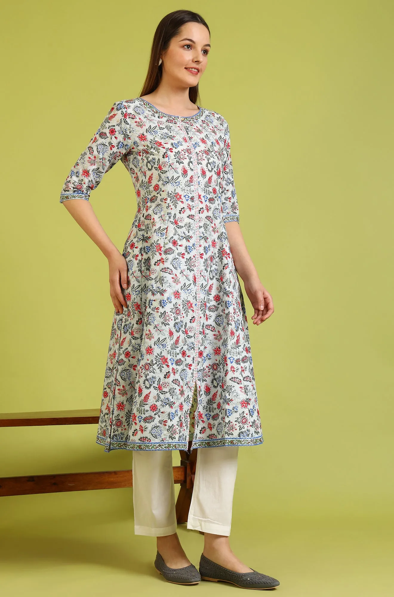 Light Blue Glitter Floral Printed Pure Cotton Flared Kurta