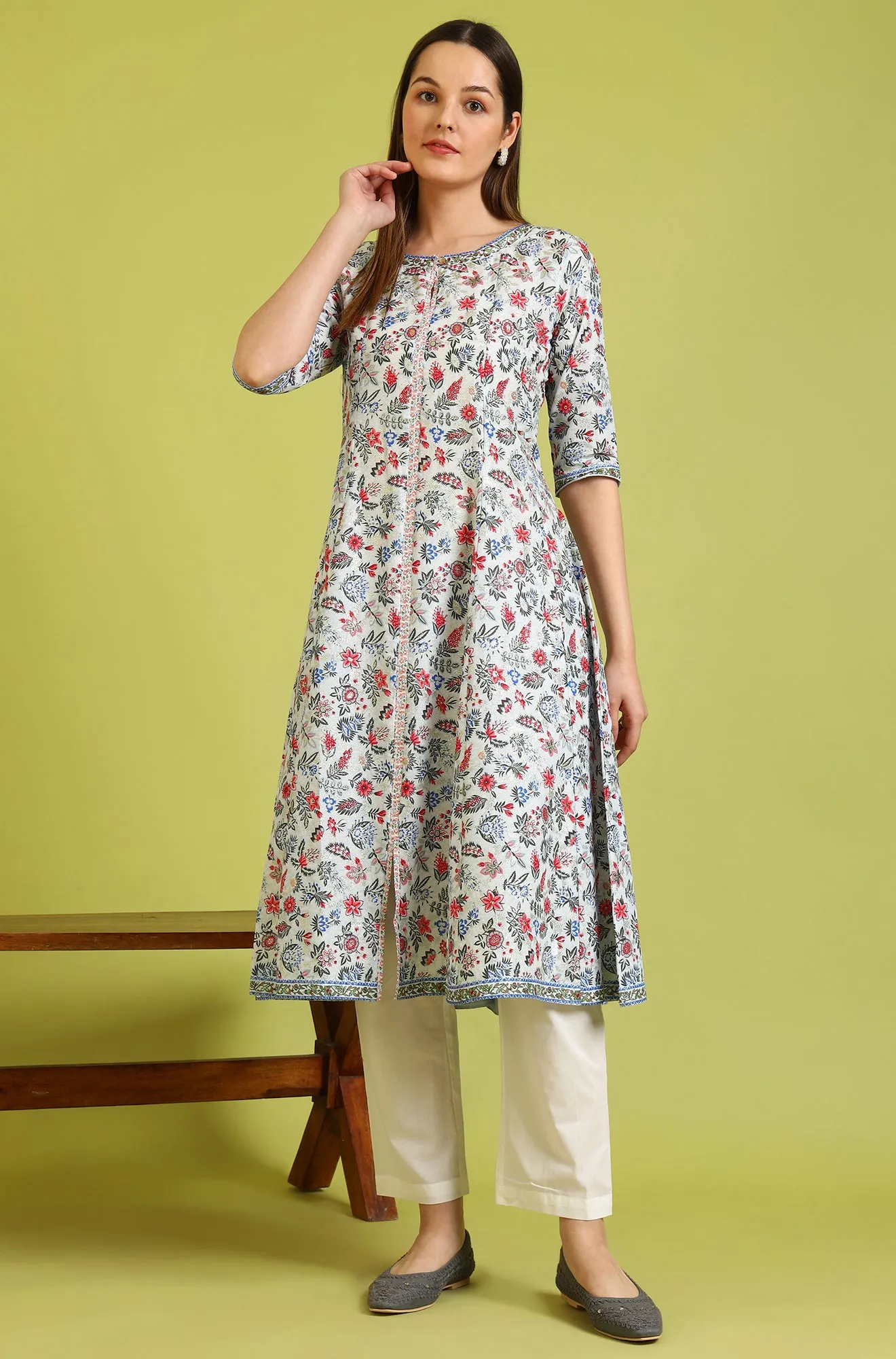 Light Blue Glitter Floral Printed Pure Cotton Flared Kurta