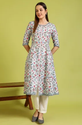 Light Blue Glitter Floral Printed Pure Cotton Flared Kurta