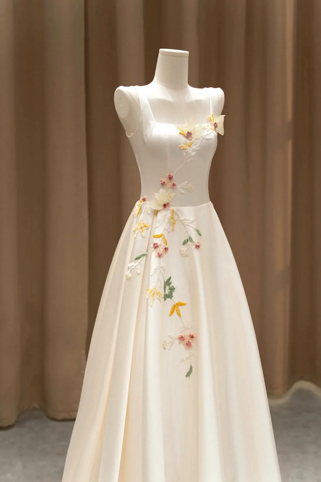 Light Champagne Satin Long Formal Dress with 3D Flowers, Elegant A-Line Evening Party Dress