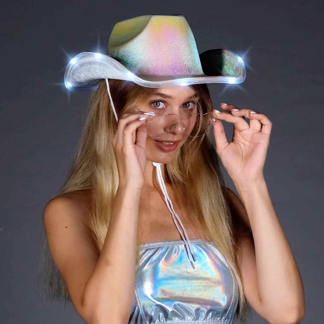Light Up Cowboy Hat for Women - White Holographic Space Cowgirl Hat with Glasses - FUNCREDIBLE
