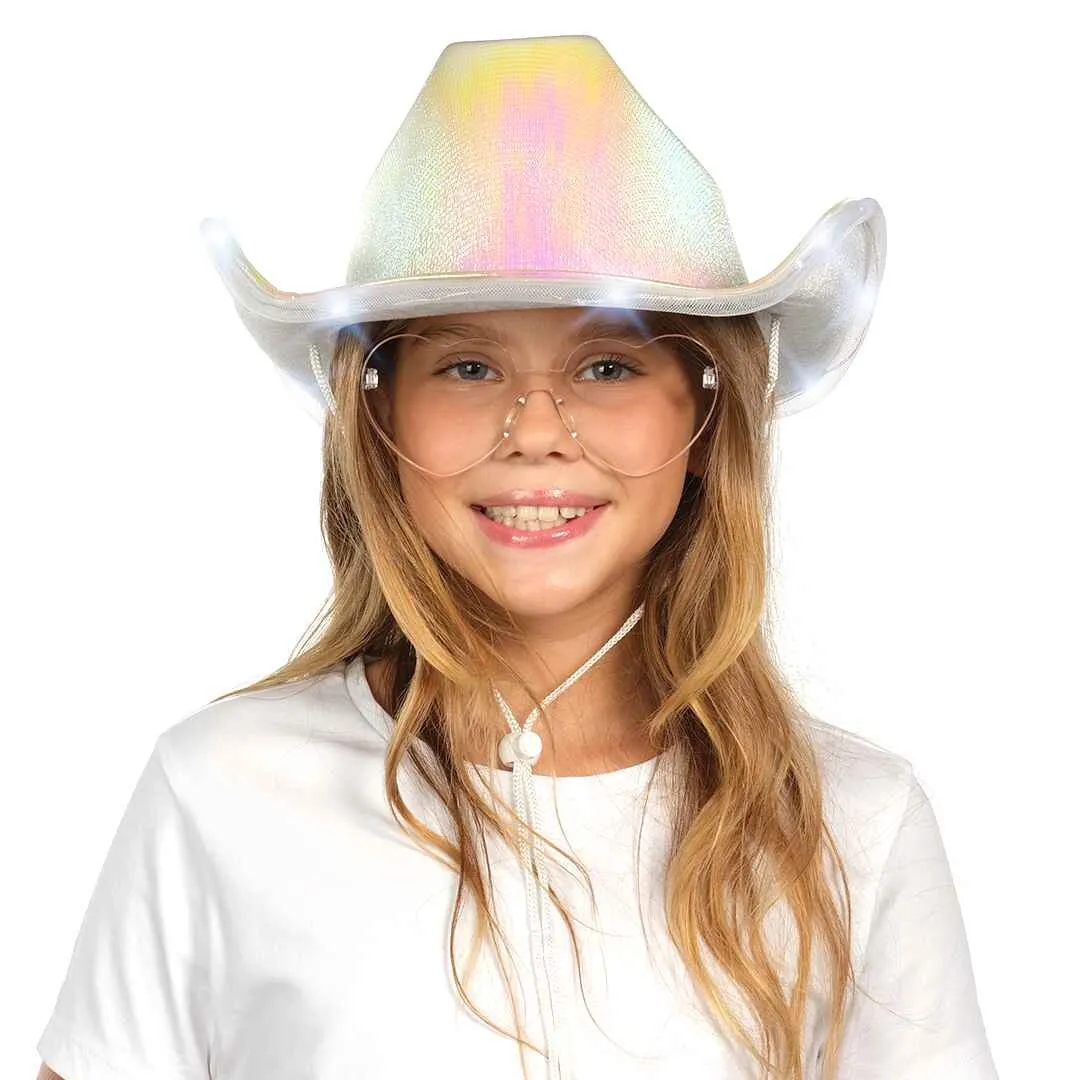 Light Up Cowboy Hat for Women - White Holographic Space Cowgirl Hat with Glasses - FUNCREDIBLE
