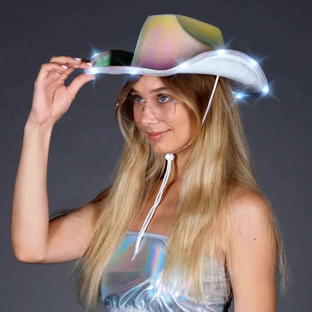 Light Up Cowboy Hat for Women - White Holographic Space Cowgirl Hat with Glasses - FUNCREDIBLE