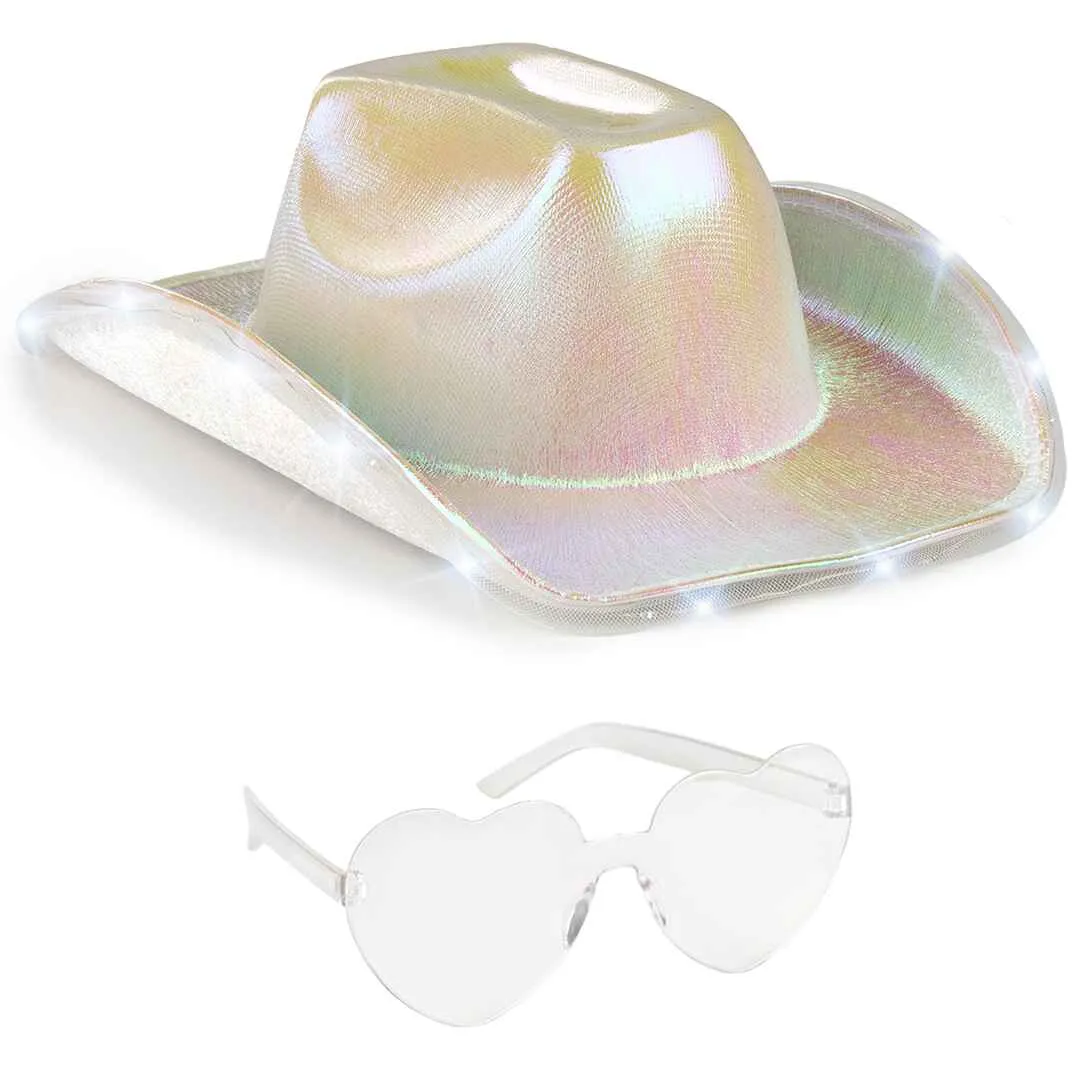 Light Up Cowboy Hat for Women - White Holographic Space Cowgirl Hat with Glasses - FUNCREDIBLE
