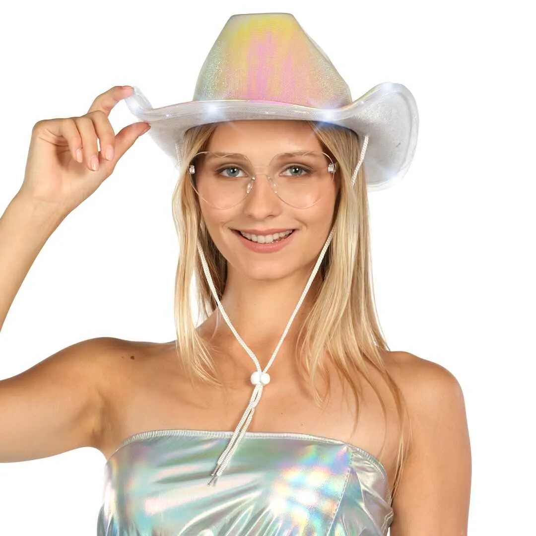 Light Up Cowboy Hat for Women - White Holographic Space Cowgirl Hat with Glasses - FUNCREDIBLE