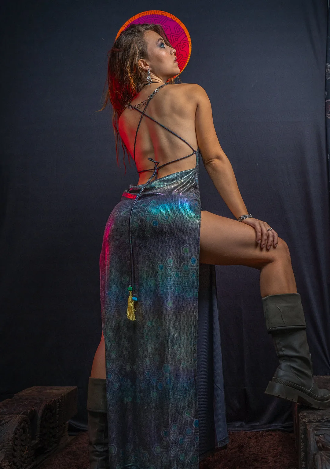 Long Bomb Dress / Holographic Rainbow Dots Flatrib Mycelium
