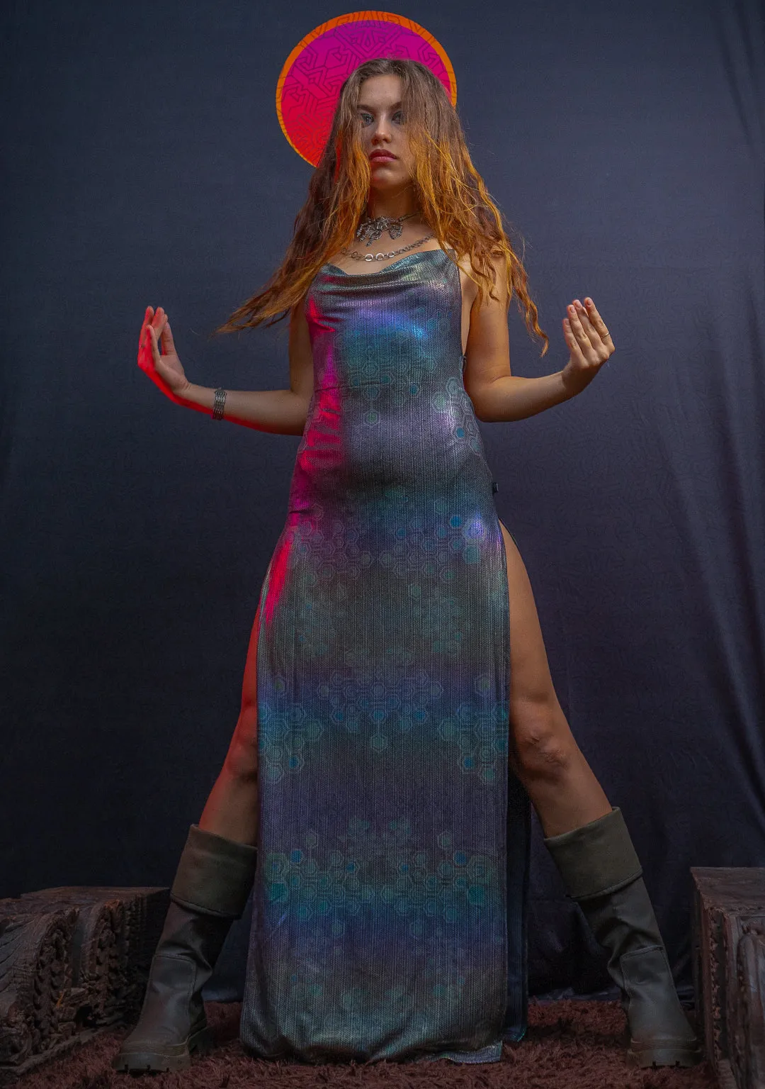 Long Bomb Dress / Holographic Rainbow Dots Flatrib Mycelium