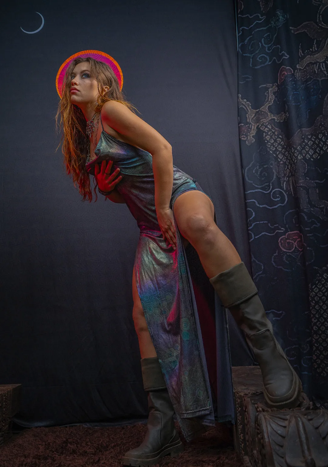 Long Bomb Dress / Holographic Rainbow Dots Flatrib Mycelium