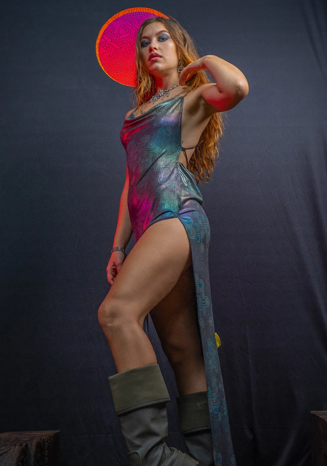 Long Bomb Dress / Holographic Rainbow Dots Flatrib Mycelium
