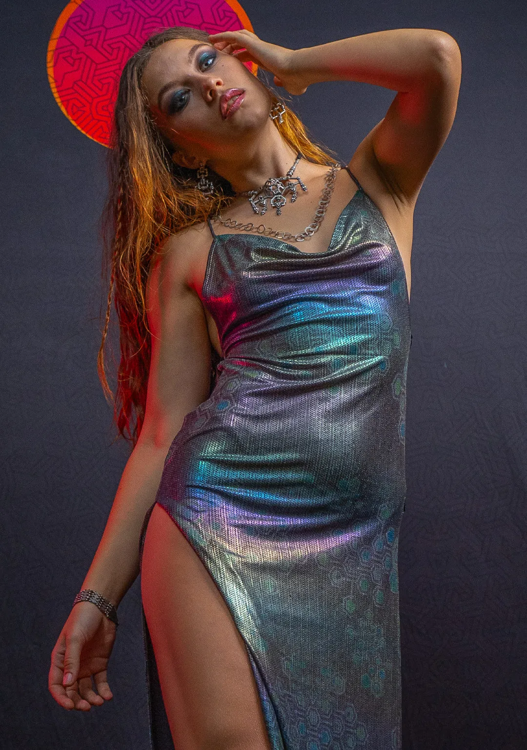 Long Bomb Dress / Holographic Rainbow Dots Flatrib Mycelium