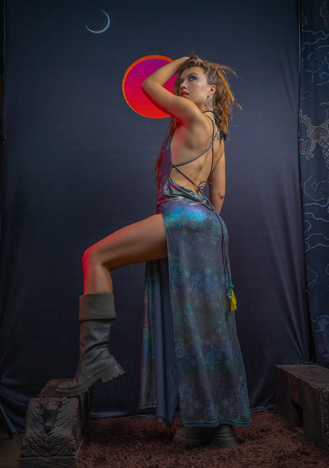 Long Bomb Dress / Holographic Rainbow Dots Flatrib Mycelium