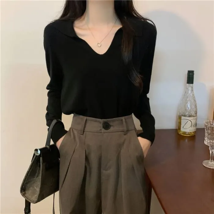 Long-Sleeve Collared Plain Knit Top