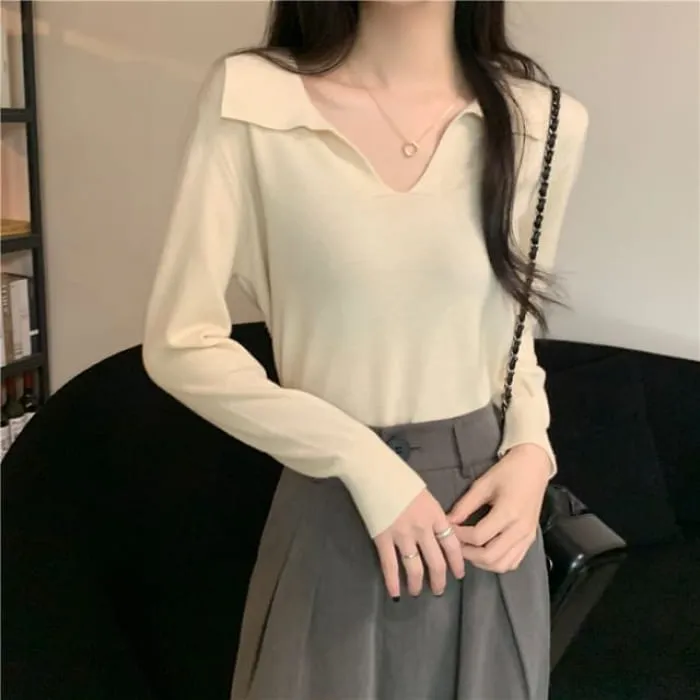 Long-Sleeve Collared Plain Knit Top