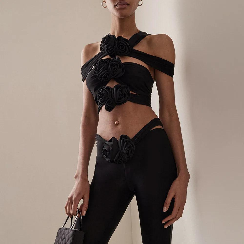 LOWDY BLACK FLOER BOWS TOP and FLARED TROUSERS 2 PIECE SET