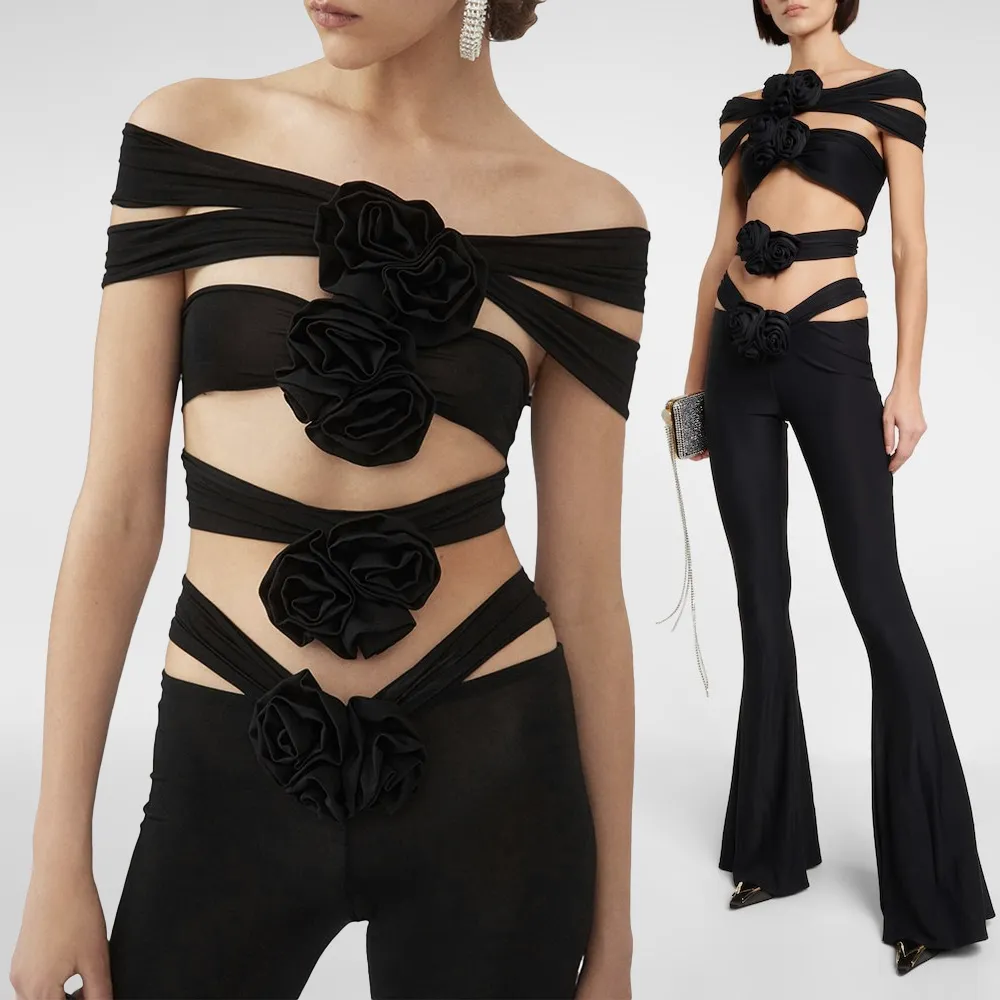 LOWDY BLACK FLOER BOWS TOP and FLARED TROUSERS 2 PIECE SET