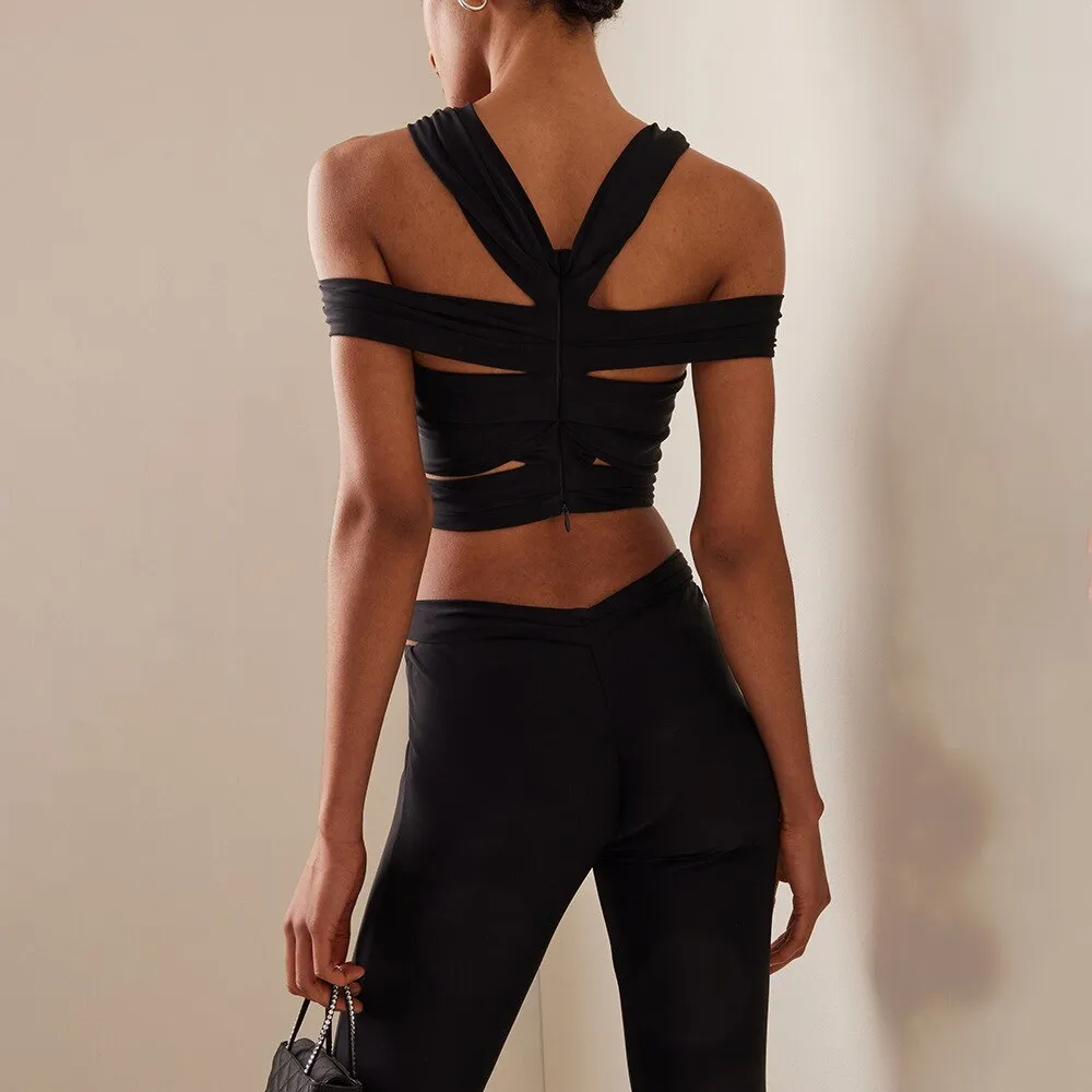 LOWDY BLACK FLOER BOWS TOP and FLARED TROUSERS 2 PIECE SET