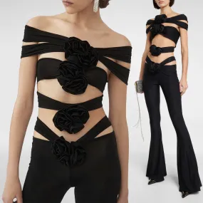 LOWDY BLACK FLOER BOWS TOP and FLARED TROUSERS 2 PIECE SET
