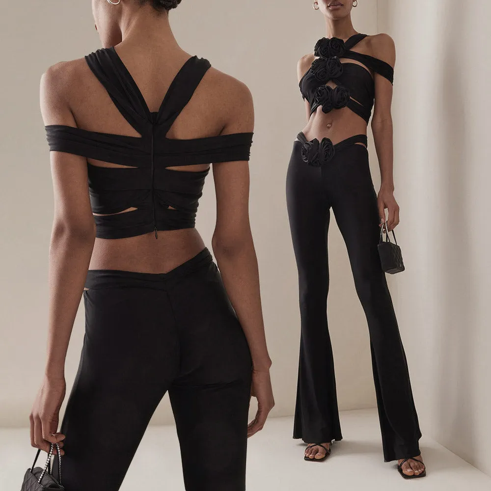 LOWDY BLACK FLOER BOWS TOP and FLARED TROUSERS 2 PIECE SET
