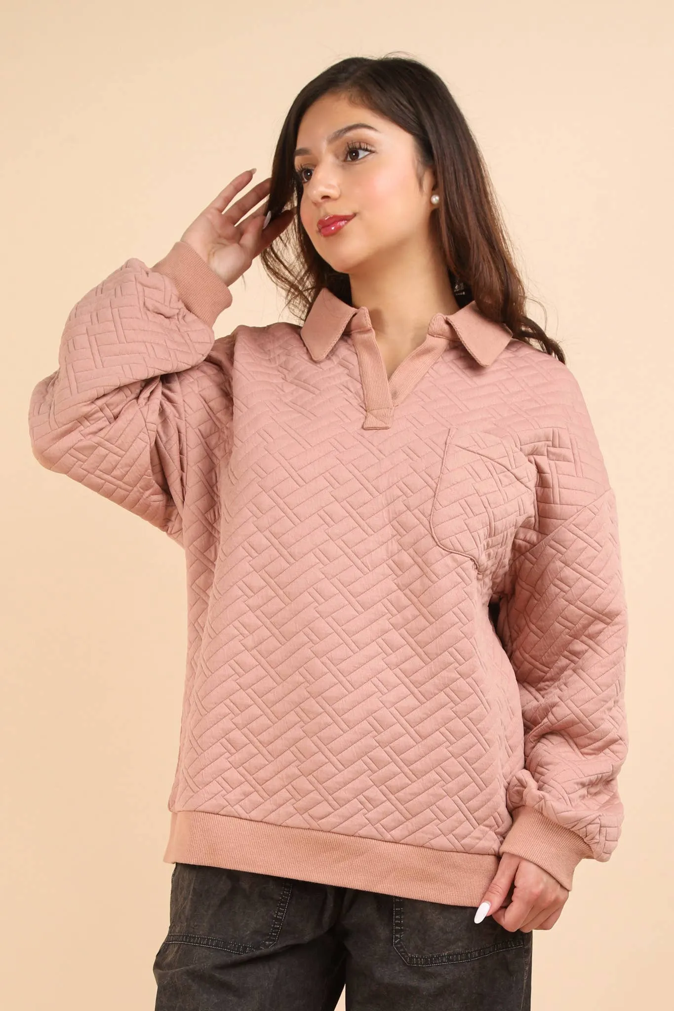Mari - Oversized Collared Quilted Knit Top - Mauve