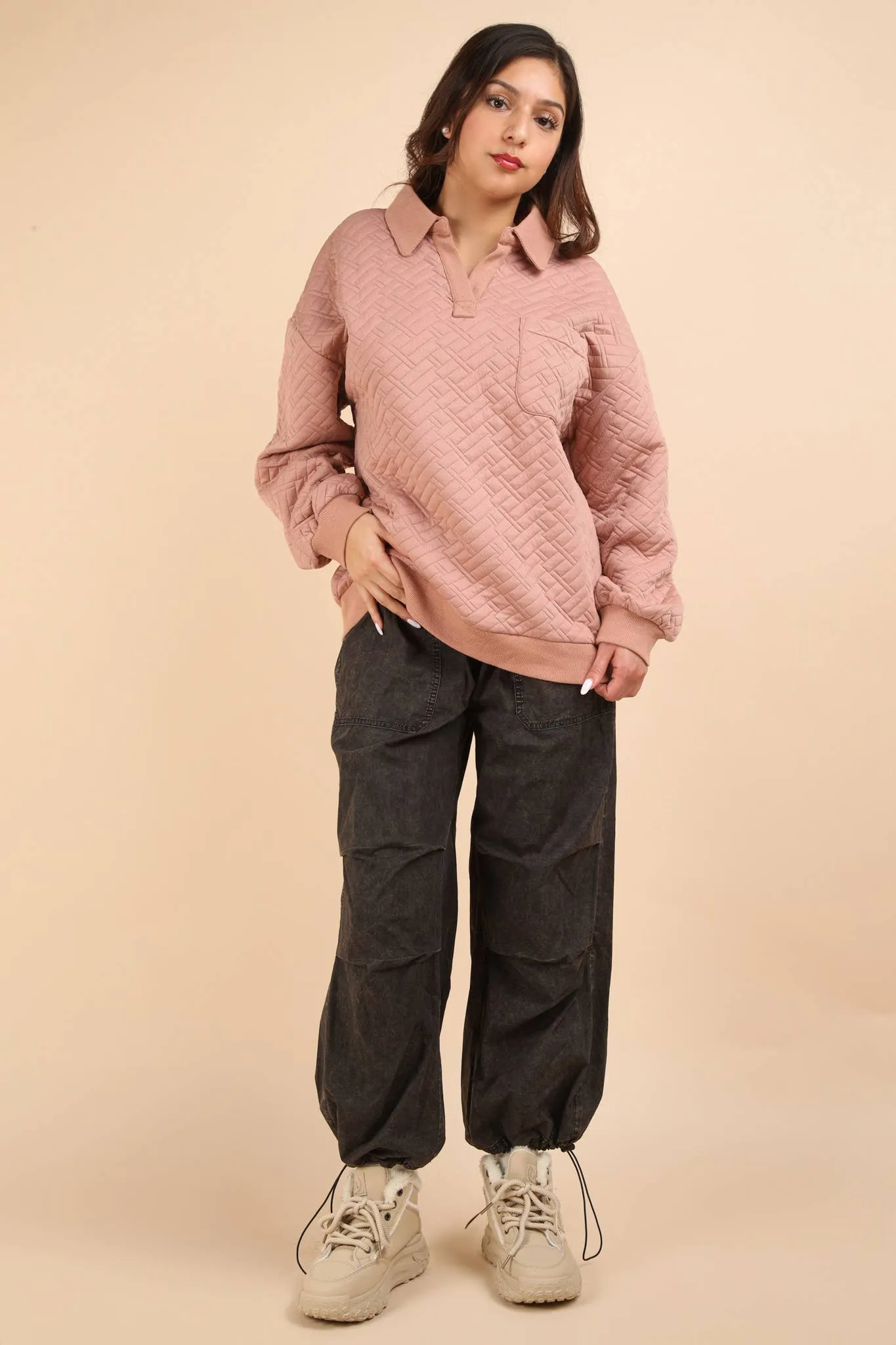 Mari - Oversized Collared Quilted Knit Top - Mauve