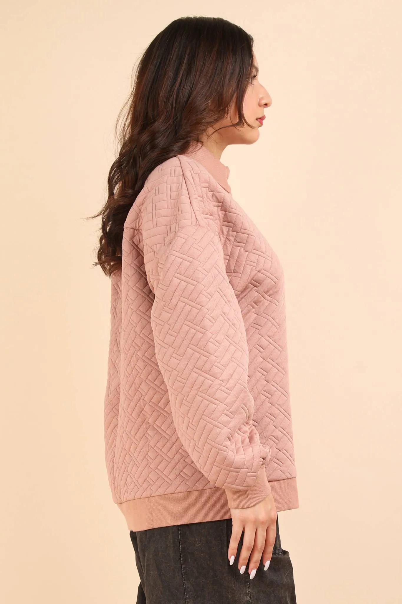 Mari - Oversized Collared Quilted Knit Top - Mauve