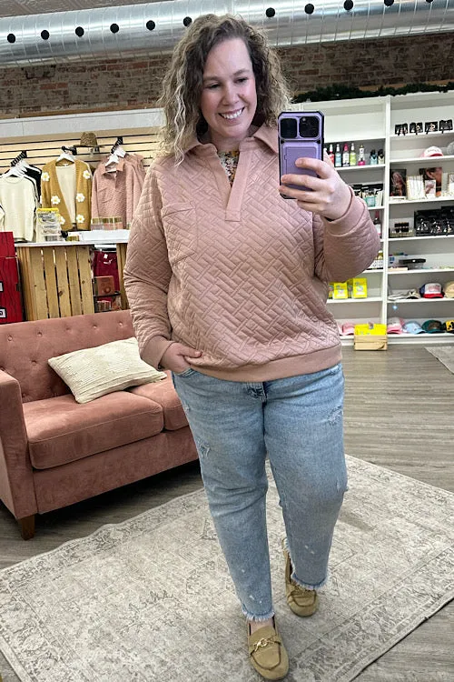Mari - Oversized Collared Quilted Knit Top - Mauve