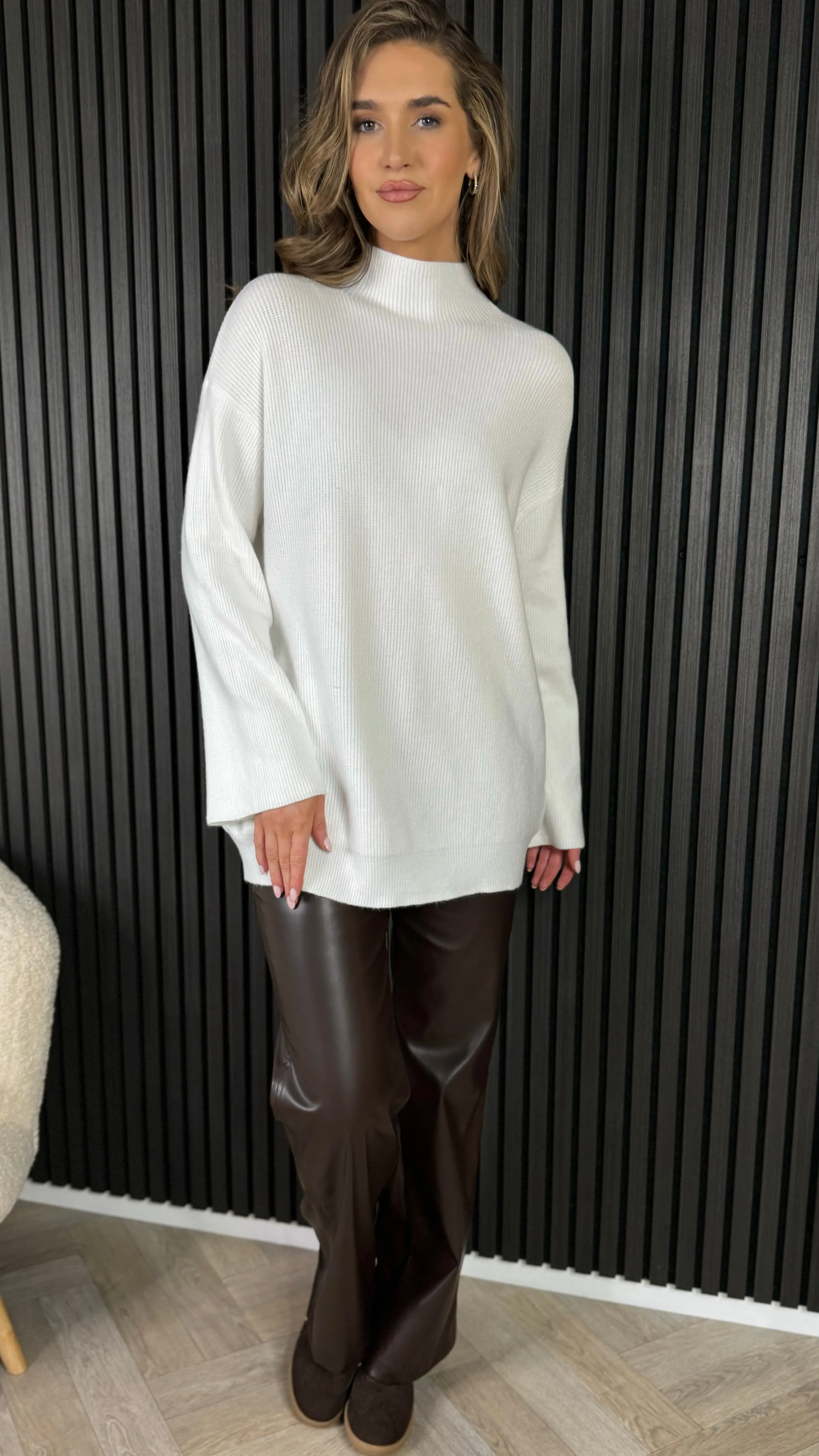 Michelle White Ribbed Turtle Neck Jumper