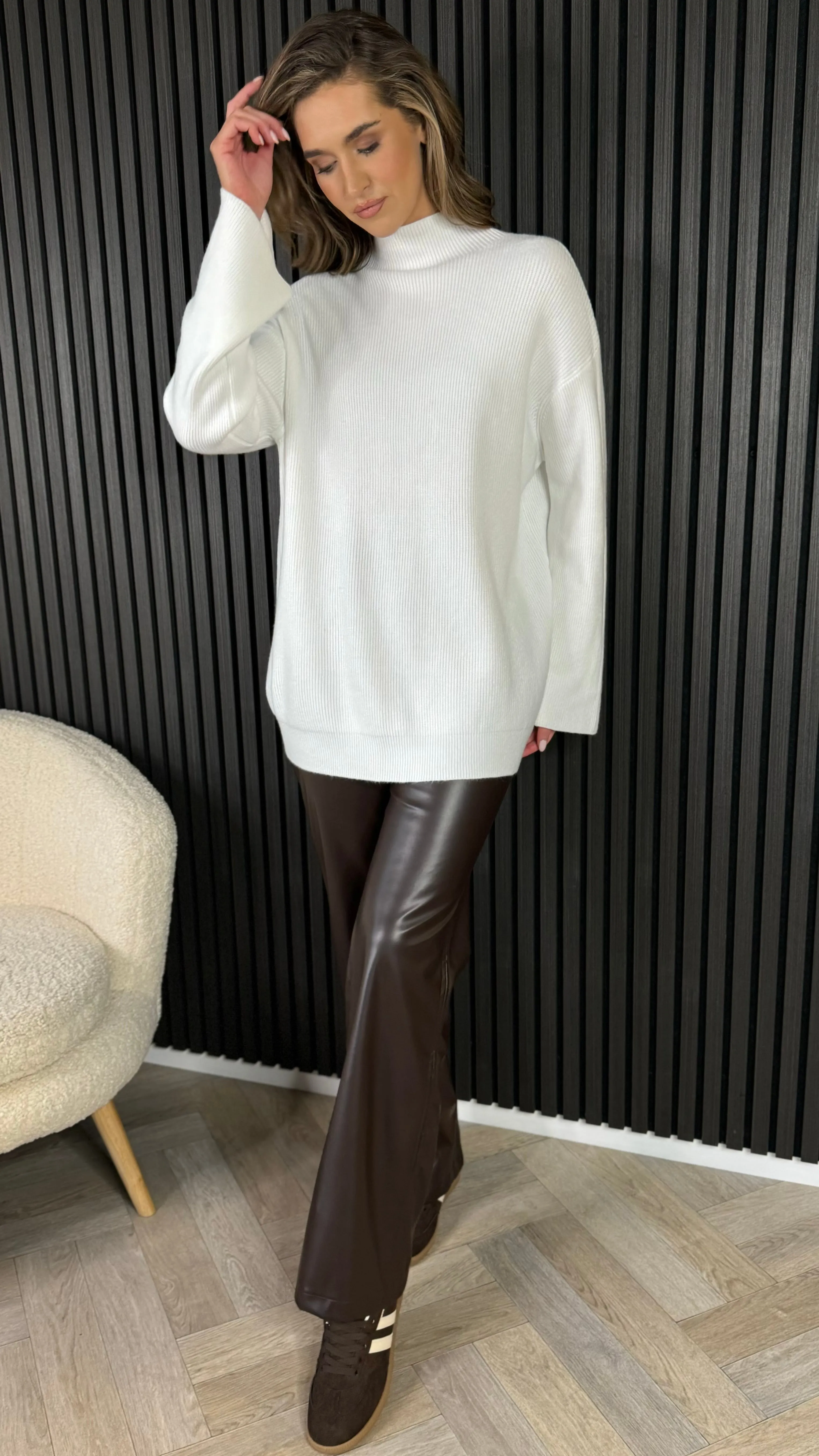 Michelle White Ribbed Turtle Neck Jumper