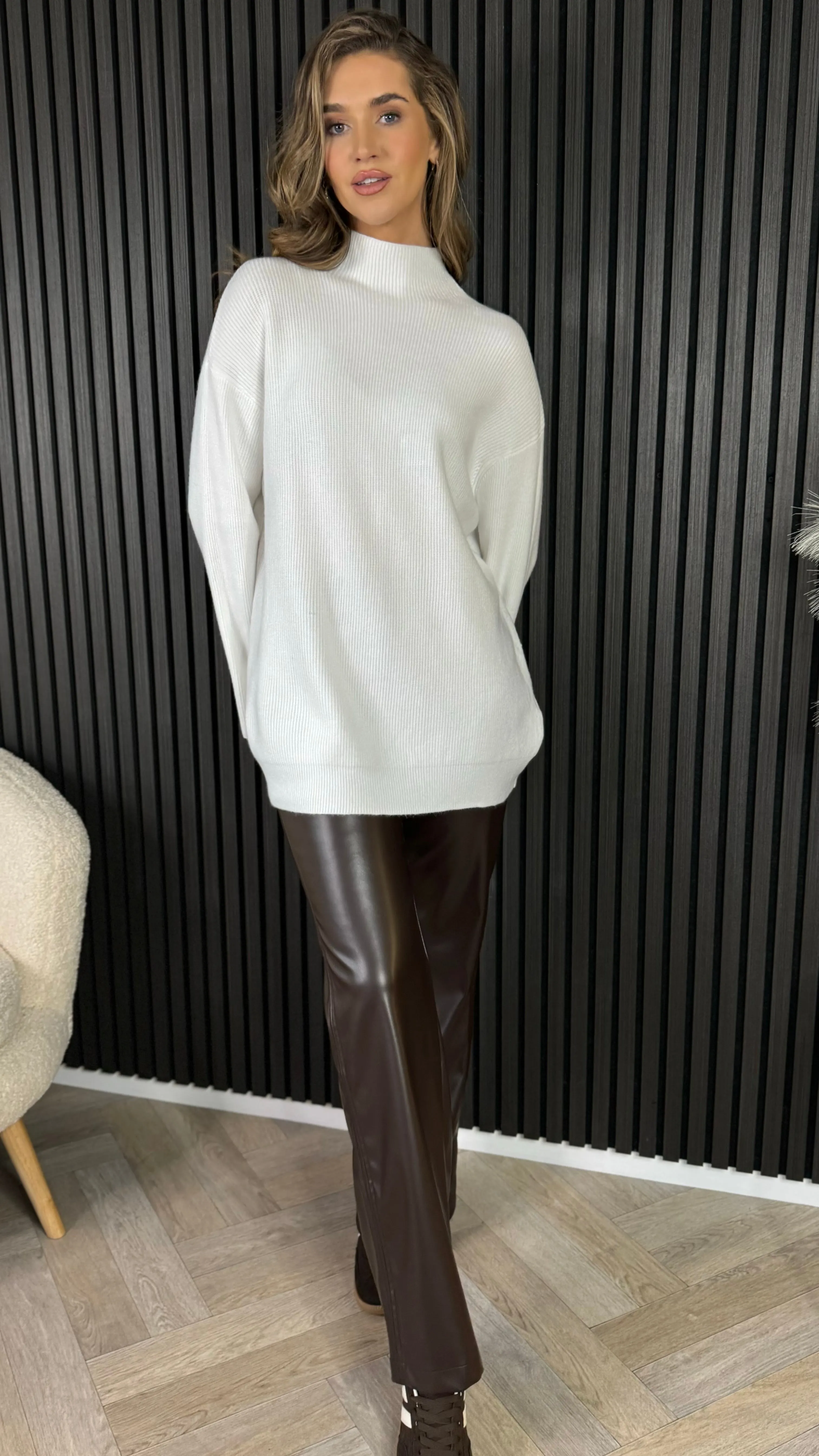 Michelle White Ribbed Turtle Neck Jumper