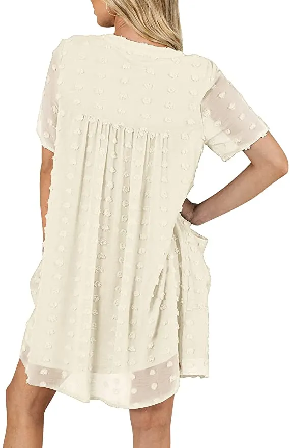 New MIHOLL Women's V Neck Short Sleeve Ruffle Loose Summer Flowy Mini Dress in Pale Apricot, Sz S!