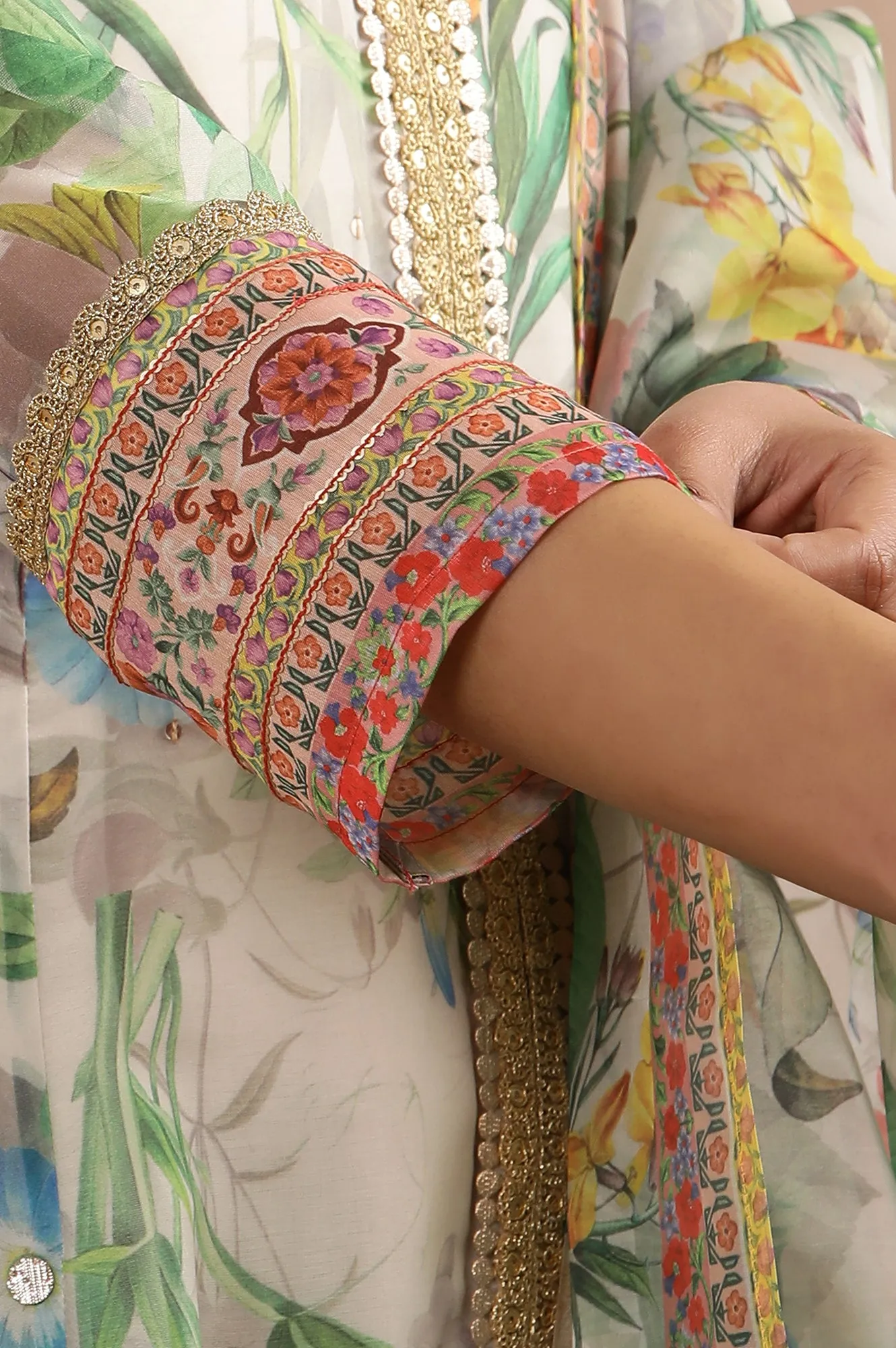Off-White Flared Kurta In Multi-Coloured Floral Print, Pants And Dupatta Set